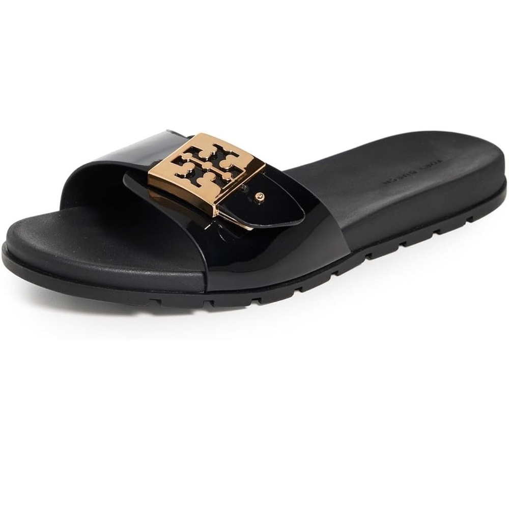 Tory Burch Black Slides with Gold Emblem
